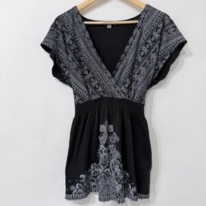 Roz & Ali Y2K Babydoll Empire Waist Paisley Top Size XL Black Gray Deep V Neck